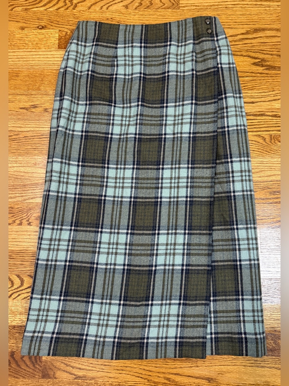 VTG Talbots Petite Plaid Faux Wrap Midi Skirt 100% Wool Green Blue Size 10P
